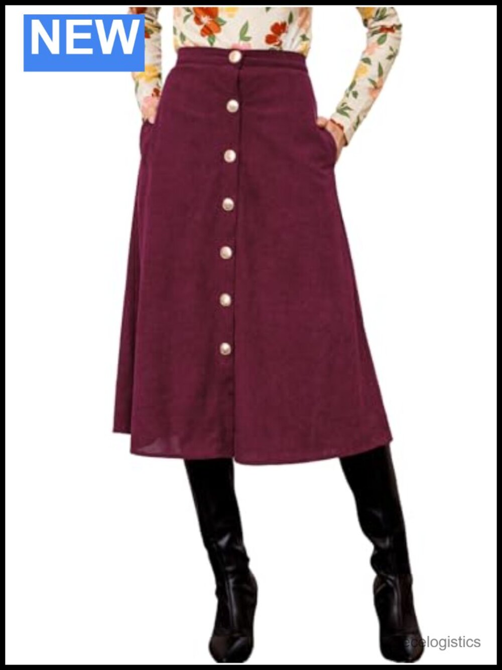 Women's High Waist Button Front Midi A-Line Skirt Polyester
